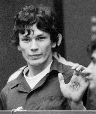 October 22, 1985 - Suspect Richard Ramirez, accused of being the Los Angeles area serial killer called the &quot;Night Stalker&quot;, gesturing in courtroom. - ramirez_108a